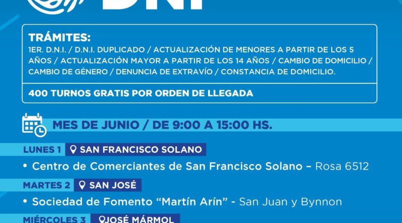 Esta semana habrá operativos de documentación gratis en cinco localidades de Almirante Brown